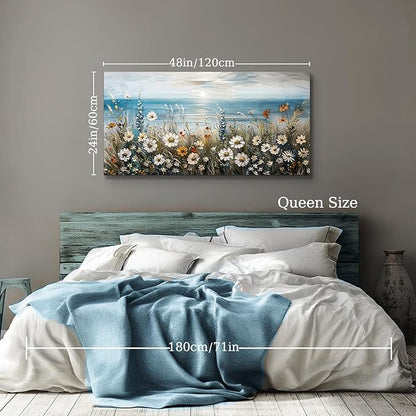 SERIMINO Large Wall Art for Living Room, Coastal Landscape Wall Decor, Beach Daisy Canvas Prints Farmhouse Decor, Wildflowers Bathroom Pictures Home Decor Aesthetic, Dining Room Kitchen Artwork 24"X48"