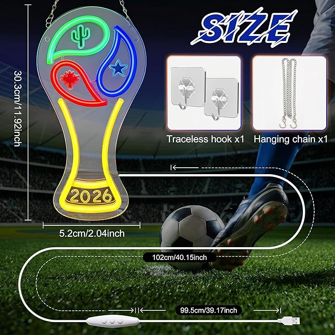 2026 Soccer World Cup Neon Signs - Dimmable LED Trophy Neon Lights with Hanging Chains & Hooks, 2 PCS Soccer Fan Wall Decor for Sports Bar, Man Cave, Game Room, Party Supplies