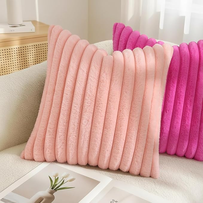 decorUhome Summer Cozy Faux Fur Throw Pillow Covers 16x16 Set of 2 Decorative Soft Plush Striped Modern Farmhouse Boho Couch Pillow Cases with Velvet Back for Sofa Bed Living Room, Hot Pink