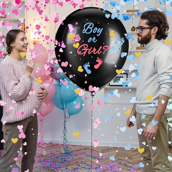 JOYYPDP Gender Reveal Balloons - 2 Pack 36 Inch Black Boy or Girl Balloon with Pink and Blue Heart-Shaped Confetti for Gender Reveal Party Decorations