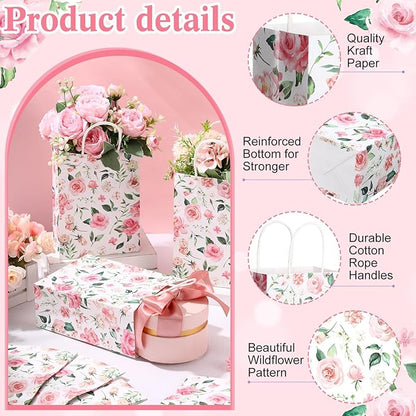 Marspark 24 Pcs Pink Wedding Flowers Paper Gift Bags for Bridal Baby Shower Engagement Birthday Party Supplies Roses Treat Bag with Handles Candy Goodie Bags for Guests, 8.3'' x 5.9'' x 3.1''(Rose)