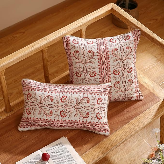 ISAENNE Design Euro Linen Rectangle Throw Pillow Covers 12"x20" Pack of 2, French Country Cushion Covers with Orange Morris Floral Pattern Decoration Pillowcases for Bed, Living Room, Outdoor, Car