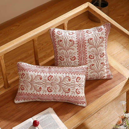 ISAENNE Design Euro Linen Rectangle Throw Pillow Covers 12"x20" Pack of 2, French Country Cushion Covers with Orange Morris Floral Pattern Decoration Pillowcases for Bed, Living Room, Outdoor, Car