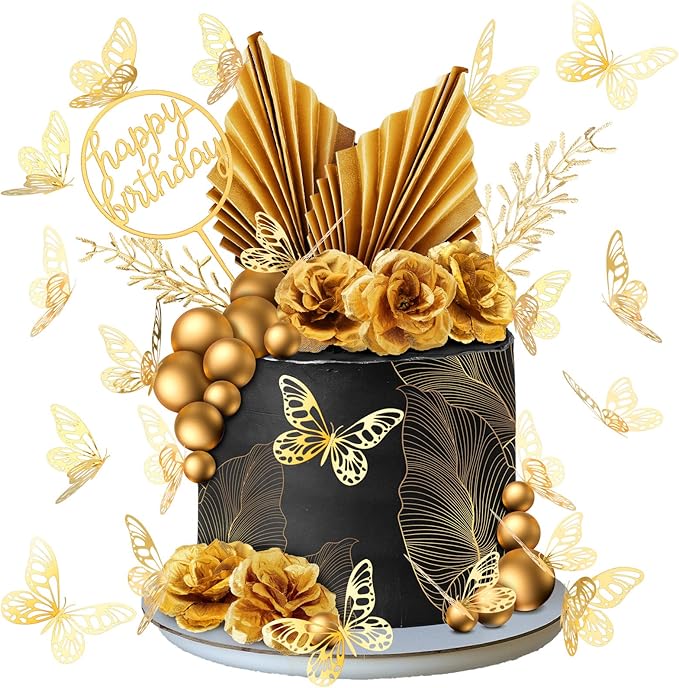 Shimeyao 52 Pcs Gold Happy Birthday Cake Topper Decoration Boho Wedding Cake Topper Rose Flower Butterfly Palm Leaves Balls Birthday Decoration for Women Men Party Decor(Gold)