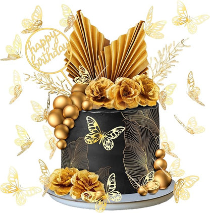 Shimeyao 52 Pcs Gold Happy Birthday Cake Topper Decoration Boho Wedding Cake Topper Rose Flower Butterfly Palm Leaves Balls Birthday Decoration for Women Men Party Decor(Gold)