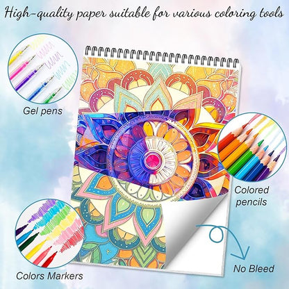 3Pcs Coloring Books for Adults Relaxation, Coloring Book Adult, Libros Para Colorear, Spiral Bound Printed On One Side, Mandala Coloring Book for Adults with 72 Patterns(Mandala & Butterfly & Wishing)