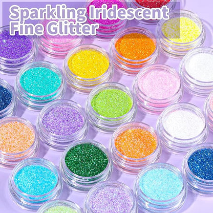 LEOBRO Fine Glitter, 24 Colors Iridescent Glitter for Crafts, Resin, Nail Body, DIY Party Decorations