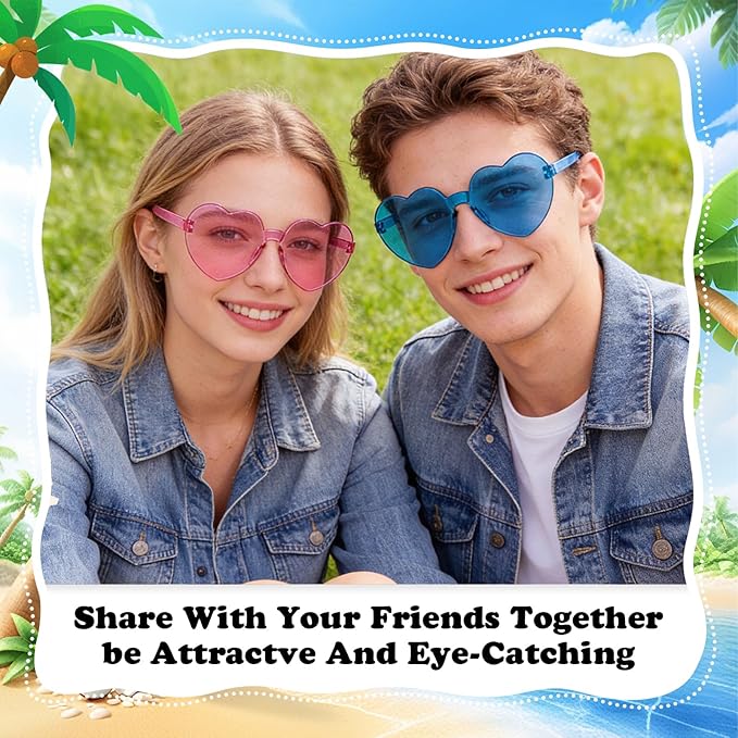 SUNOVELTIES 18 Heart Shape Rimless Sunglasses Transparent Candy Color Party Glasses Colored Eyewear for Women