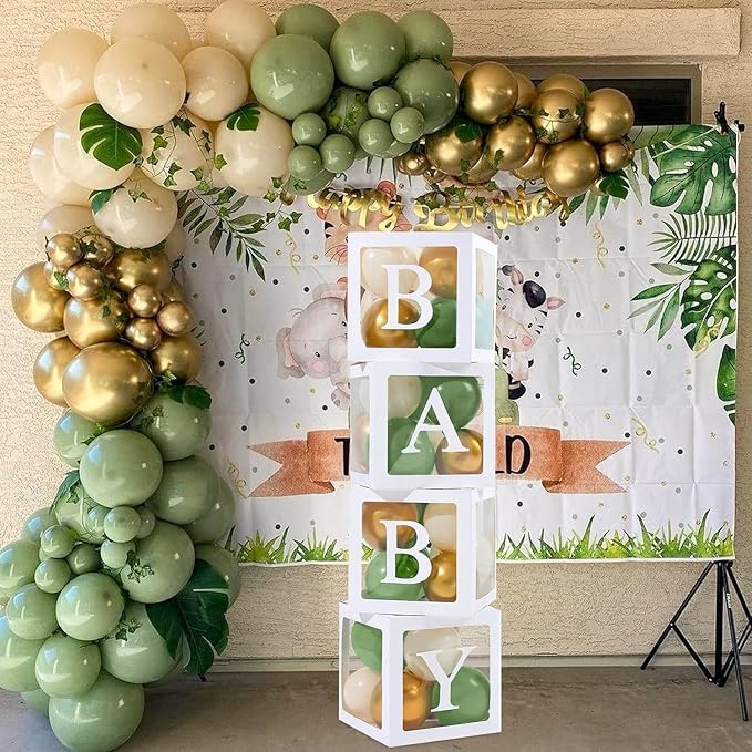 Sage Green Baby Shower Decorations Boy Girl - 4Pcs Baby Boxes with lettes and 112Pcs Green White Gold Balloons Arch Kit for Baby Shower Decorations, Dinosaur Jungle Safari Baptism Party Supplies