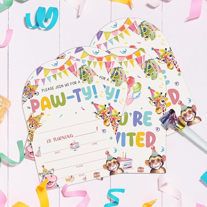 Jungle Animals Birthday Party Invitations, Animals Paw-Ty Invitations with Envelopes, 20 Fill-In Birthday Party invites for Boy Girl, Party Decorations Supplies (arch)