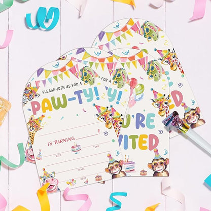 Jungle Animals Birthday Party Invitations, Animals Paw-Ty Invitations with Envelopes, 20 Fill-In Birthday Party invites for Boy Girl, Party Decorations Supplies (arch)