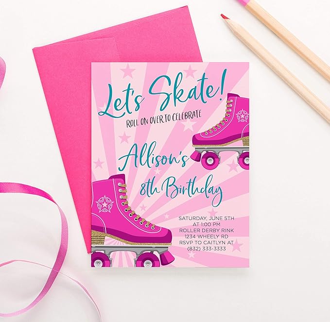 Modern Pink Paper Personalized Roller Skating Birthday Invitations for Girls, Your choice of Quantity, Age, Info and Envelope Color