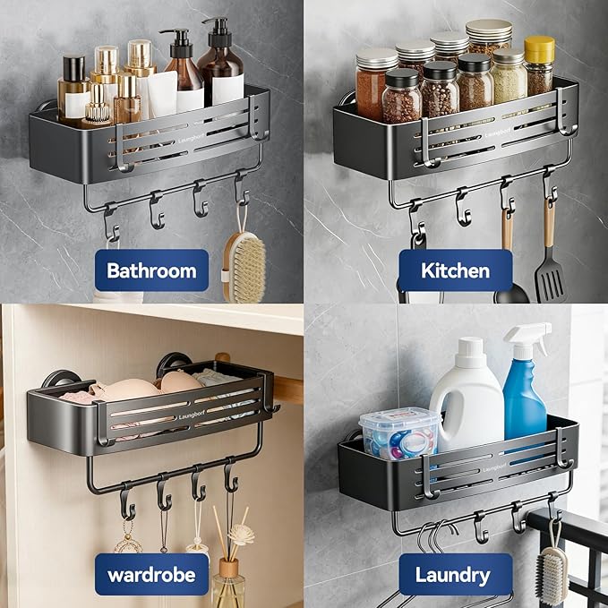 Rectangle Shower Caddy Suction Cup – Rustproof Aluminum Shelf with Towel Bar & Hooks, Laungborf No-Drill Removable Wall Storage for Bathroom (Matte Gray, 2 Pack)