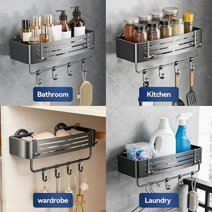 Rectangle Shower Caddy Suction Cup – Rustproof Aluminum Shelf with Towel Bar & Hooks, Laungborf No-Drill Removable Wall Storage for Bathroom (Matte Gray, 2 Pack)