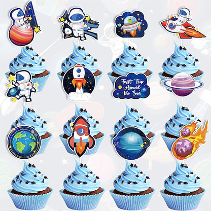 Whaline 72Pcs Outer Space Cupcake Topper 12 Designs Astronauts Rockets Spacecraft Cupcake Picks Out of Space Food Picks with Sticks Glue Point for Birthday Space Theme Party Supplies Cake Decor