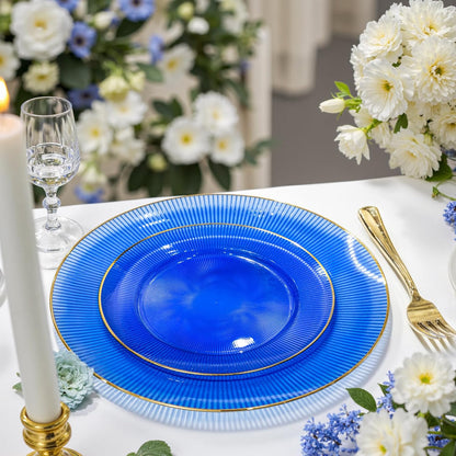 Hioasis 60pcs Blue Plastic Plates - Blue Gold Disposable Dinnerware Set, 30pcs Dinner 10.25in & 30pcs Dessert 7.5in Plates with Striped Designs for Party & Wedding