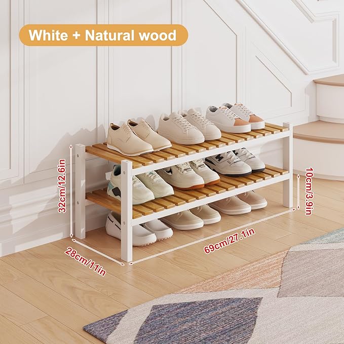 Bamboo Shoe Rack Organizer for Closet and Entryway-Space-Saving Narrow Shoe Stand-Versatile Shoe Holder for Door or Closet Shelf,Garage Bedroom can Freely Stack DIY Small Shoe Racks 2Tier Mixed color