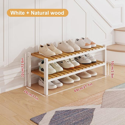 Bamboo Shoe Rack Organizer for Closet and Entryway-Space-Saving Narrow Shoe Stand-Versatile Shoe Holder for Door or Closet Shelf,Garage Bedroom can Freely Stack DIY Small Shoe Racks 2Tier Mixed color