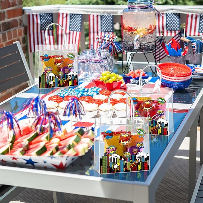 Aliceset 20 Pcs Hero Clear Favor Bags with Handles Hero Party PVC Treat Plastic Gift Bags for Birthday Party Rewards Supplies, 8 x 8 x 3.15 Inch