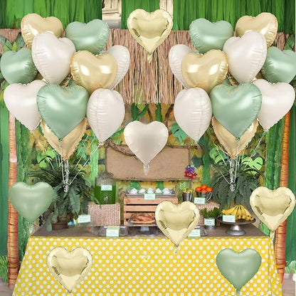 Sage Green Gold Heart Balloons, 12PCS Green Gold Heart Shaped Foil Balloons, 18Inch Green Cream White Heart Helium Foil Balloon for Jungle Woodland Birthday Wedding Baby Shower Party Decoraion