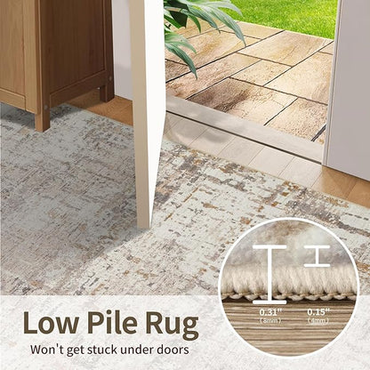 Rugxara 6x9 Washable Area Rug for Living Room, Modern Abstract Large Boho Rugs for Office, Dining Room, Kids Room, Farmhouse, Durable Low Pile Non Slip Carpet for High Traffic Areas, Beige Grey