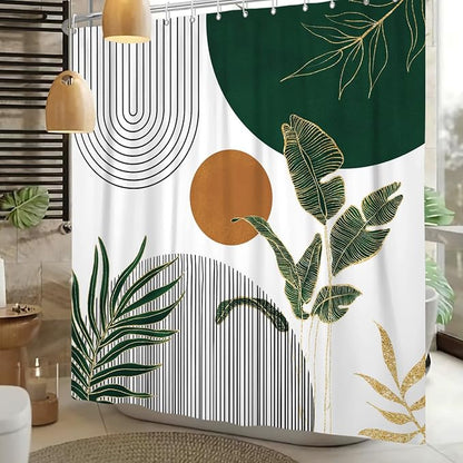 Mid Century Boho Modern Shower Curtain for Bathroom Abstract Sun Arch Geometric Leaves Minimalist Shower Curtain Set Waterproof Polyester Fabric 72x78 Inches