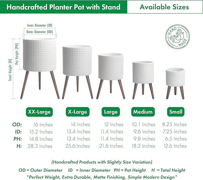 D'vine Dev 12 Inch Modern Geometric Tile Patterned Sleek Planter Pot with Stand, Indoor Outdoor Decorative Plant Holder, Matte White, 88-Z-C-1