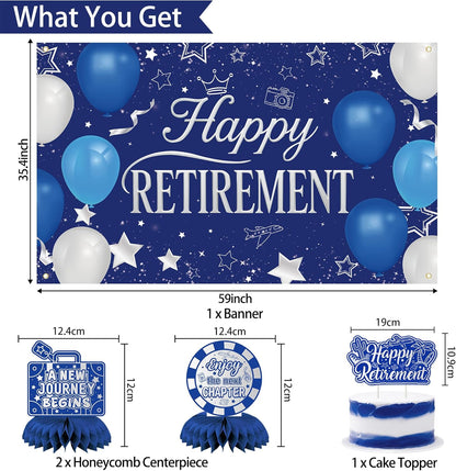 Holkcog Blue Retirement Party Decorations for Women, Silver Blue Happy Retired Banner Backdrop Paper Fan Hanging Swirls for Coworker, I'm Retired Cake Top & Honeycomb Set, Great for Retiring Women