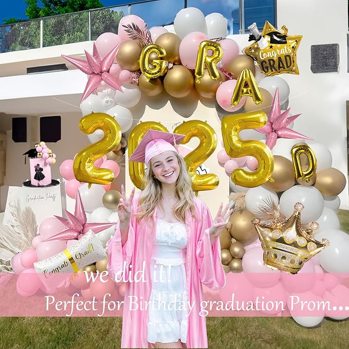 Pink and Gold Themed Graduation Balloon Garland Arch Kit with Large foil Balloons for High School College students graduate class of 2025 Prom Congrats Party Decorations Backdrop (Pink white gold)