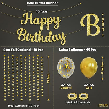KatchOn, Gold Birthday Decorations Set – Pack of 53 | Glitter Happy Birthday Banner, Gold Star Garland and Confetti Balloons Arch Kit | Happy Birthday Decorations Women, Men | Happy Birthday Sign