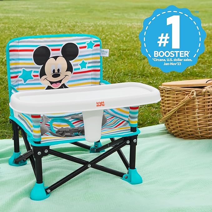 Bright Starts Disney Mickey Mouse Pop 'N Sit Portable Booster, Indoor/Outdoor Use, Floor Seat with Feeding Tray, Blue, 6 Mos - 3 Yrs