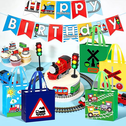 Pinsit 42 PCS Colorful Train Party Favor Bags, Non Woven Train Goodie Bags, Railway Themed Reusable Gift Bags with Handles for Boys Girls Birthday Baby Shower Party Supplies