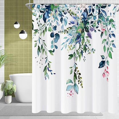 Eucalyptus Extra Long Shower Curtain, Watercolor Green Leaves Plant Floral Spring Nature Waterproof Fabric Machine Washable with Hooks for Bathroom Bathtub Decor 72Wx78H