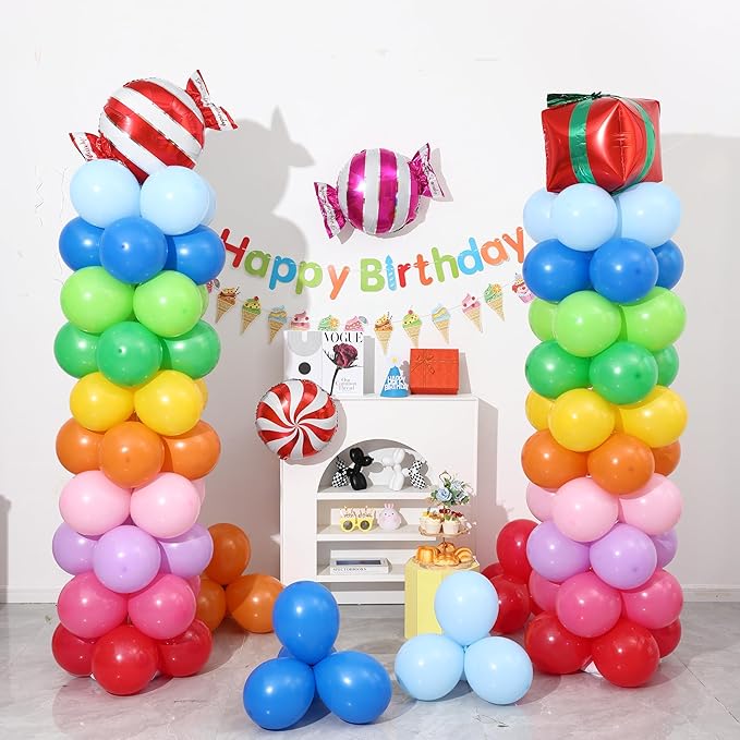 Rainbow Candy land Balloon Column Stand Kit Set of 2, 7 Feet Height Balloon Towers Set of 2 with Candy Gift Box Foil Balloons for Sweet Baby Shower Christmas Candyland Party Decorations