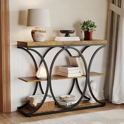 Garvee 39" Narrow Console Tables for Entryway, Industrial 3-Tier Sofa Table with Round Metal Base and Storage Shelves for Living Room, Hallway, Foyer, Retro Brown