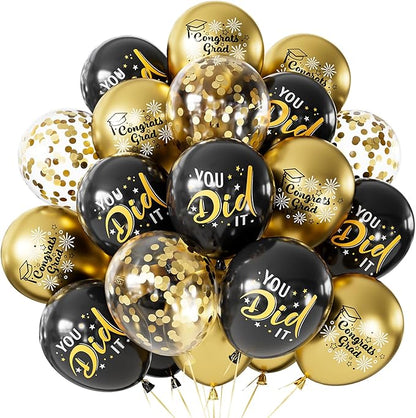 Graduation Balloons, Congrats Grad Balloons 12 Inch Black and Gold Balloon Class of 2026 Gold Confetti Latex Balloon for College High School Happy Graduation Party Decorations Supplies (18Pcs)