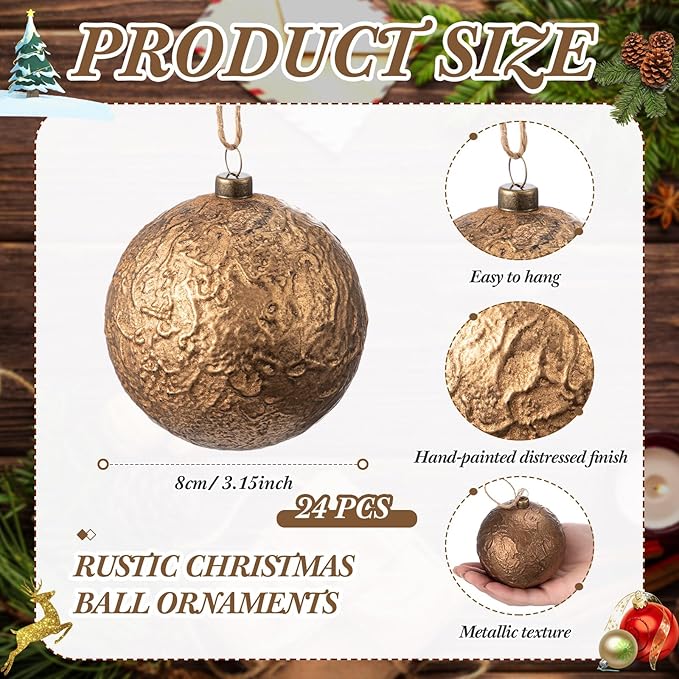 Suncalla 24 Pcs Farmhouse Christmas Ball Ornaments 3.15'' Vintage Antique Gold Christmas Tree Decor Rustic Distressed Neutral Ornaments with Loop Shatterproof Hanging Ball for Farmhouse Xmas Decor