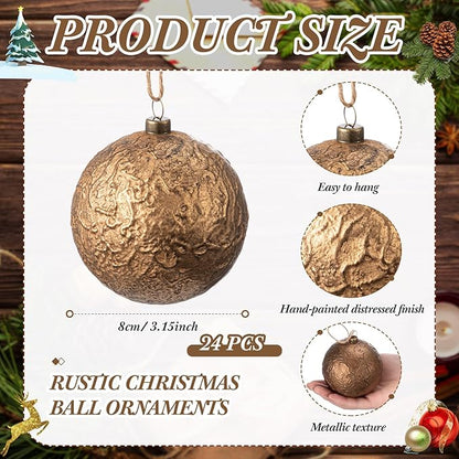 Suncalla 24 Pcs Farmhouse Christmas Ball Ornaments 3.15'' Vintage Antique Gold Christmas Tree Decor Rustic Distressed Neutral Ornaments with Loop Shatterproof Hanging Ball for Farmhouse Xmas Decor