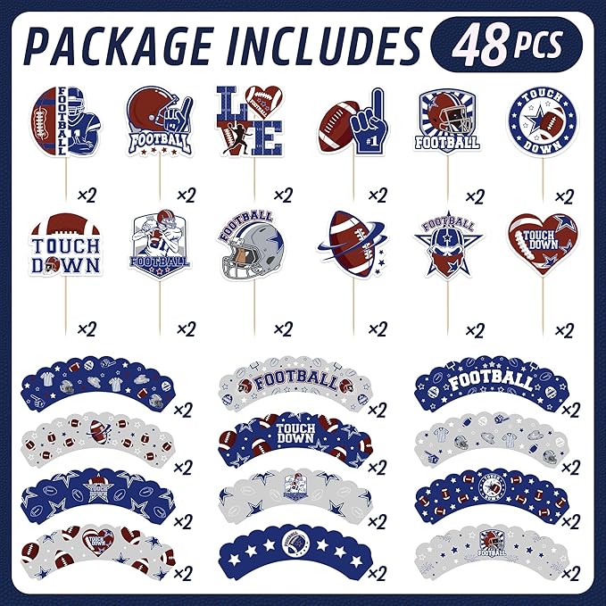 Cowboy Football Birthday Decorations - 48 Pcs American Rugby Sports Paper Party Cupcake Toppers and Liners, Game Day Happy Bday Cake Picks Baking Cups Wrappers Supplies Decor for Boys Men