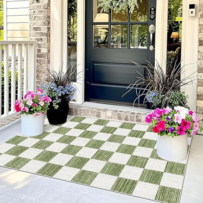 Green White Checkered Entry Rug - 3x5 Ft Non-Slip Washable Indoor Outdoor Front Door Mat Outside Entrance Porch Rug Geometric Rugs for Living Room Bedroom Entryway Kitchen Office Porch Decor