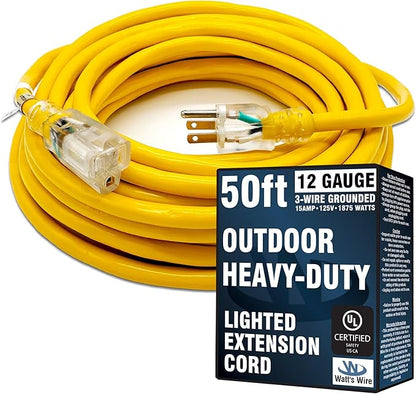 50 ft Outdoor Extension Cord Waterproof - 12 Gauge Heavy Duty Extension Cord 50 ft - Lighted Outdoor Extension Cords - Watts Wire - 50' Grounded - extensiones electricas