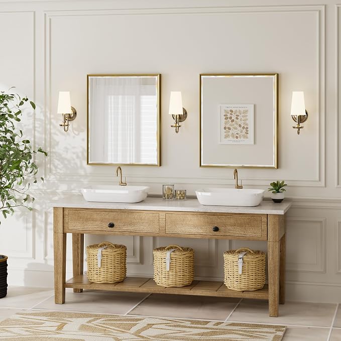 Gold Bathroom Mirror, 30x36 Brushed Gold Bathroom Mirror Beveled Edge, Gold Framed Rectangle Bathroom Vanity Mirror, Anti-Rust Brushed Brass Metal Frame Wall Mirror Vertical/Horizontal