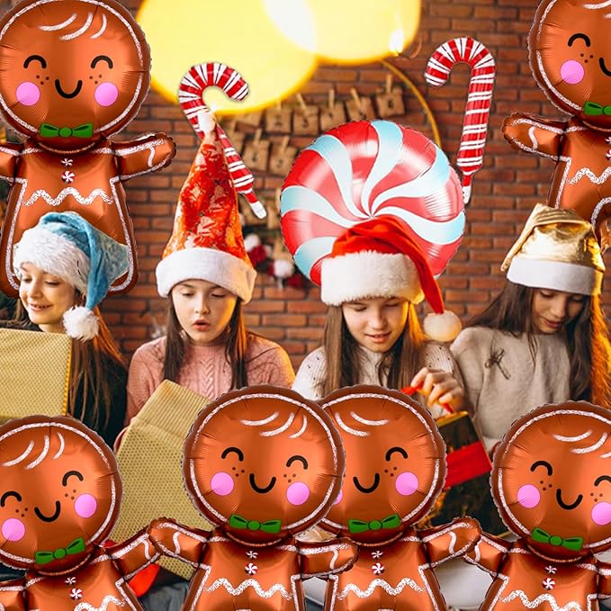 6 Pcs Gingerbread Balloons Christmas Balloon Decorations, Gingerbread Man Balloons for Christmas Party Decorations, New Year Birthday Party Supplies