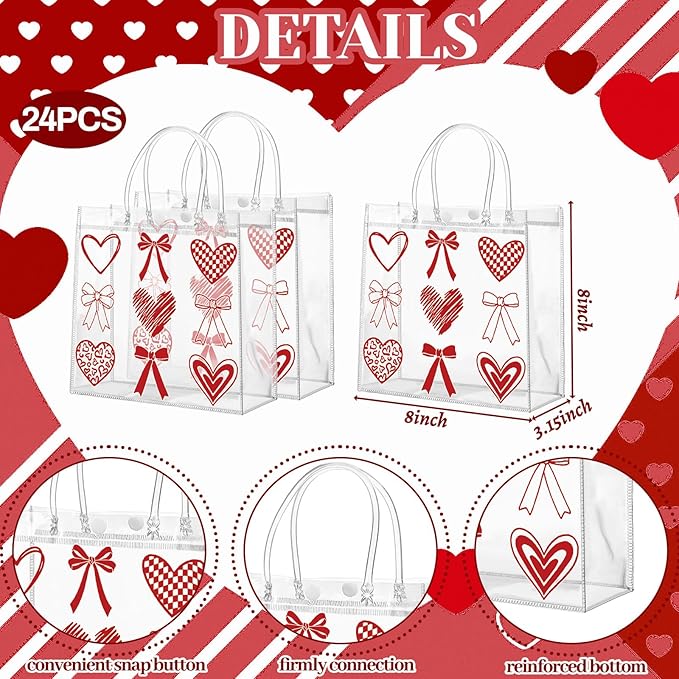 Aliceset 24 Pcs Valentine's Day Gift Bags with Handle Clear PVC Candy Treat Goodies Tote Bags Heart Checkerboard for Valentine's Day Birthday Party Favor Supplies
