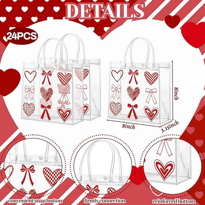 Aliceset 24 Pcs Valentine's Day Gift Bags with Handle Clear PVC Candy Treat Goodies Tote Bags Heart Checkerboard for Valentine's Day Birthday Party Favor Supplies