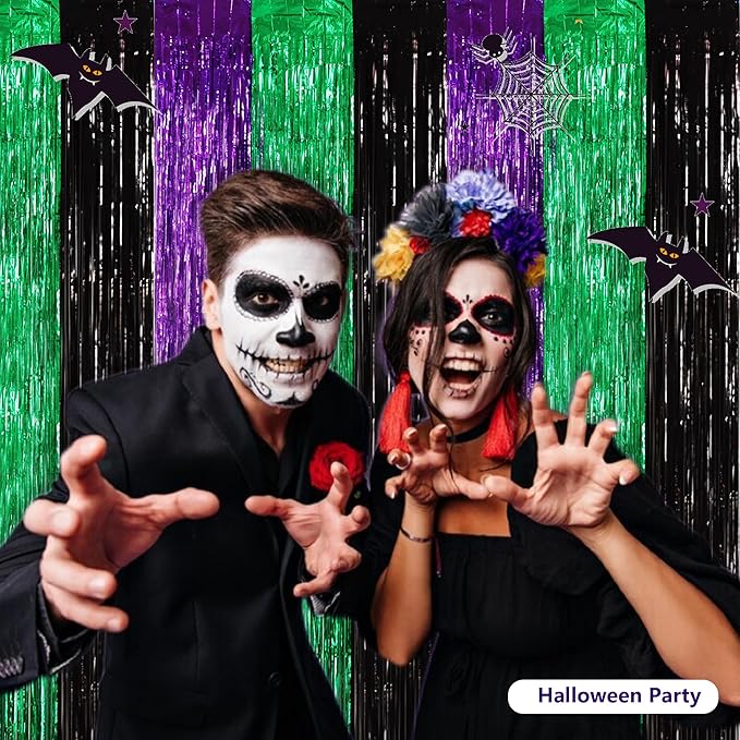 BEISHIDA 3Pcs Purple Green Black Door Streamer Backdrop Foil Fringe Tinsel Curtains Backdrops for Monster Truck Theme Birthday Party, Halloween Party Supplies (3.28 ft x 6.56 ft)