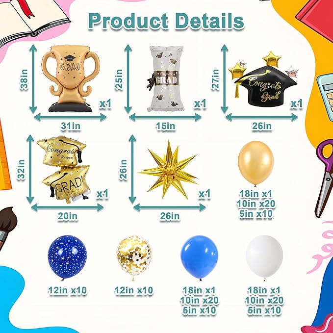 Graduation Balloon Arch Kit 2026 Royal Blue Gold White Graduation Balloons with Explosion Star,Diploma,Trophy,Grad Hat Foil Balloon for Class of 2026 Graduates Celebration Party Decoration(Blue)