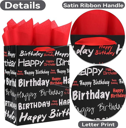 wishinside 13" Large Black Gift Bag Set with Greeting Card and Tissue Papers (White & Red Happy Birthday) for Men's or Women's, Boys, Girls or Kids Party, Baby