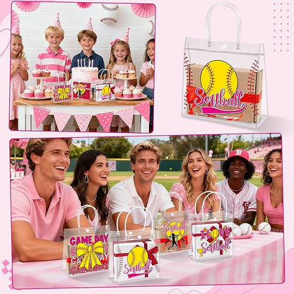 H1vojoxo Softball Goodie Gift Bags - 24PCS Softball Clear PVC Gift Bags for Team Girls with Handle Reusable Sport Party Favors Team Birthday Gifts Bag Treat Snack Bag for Girls End of Season Gifts Bag