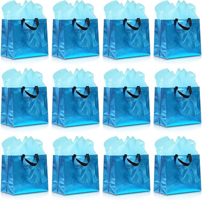 KeerxunBag 12Pcs Reusable Gift Bags（Includes Tissue Paper） Gift bag with handle Birthdays Parties Holidays Weddings Medium 13x5x11in cyan Bags